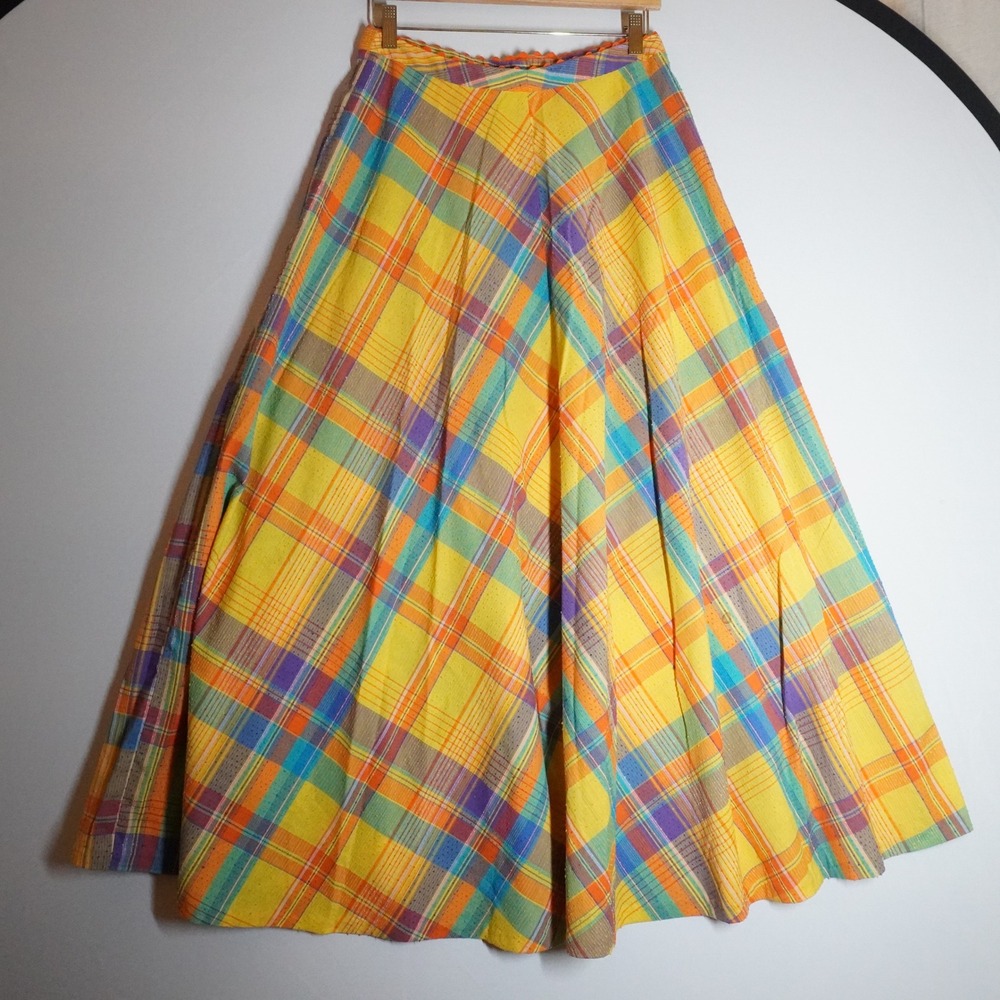 VTG 70s Handmade Plaid Maxi Skirt Yellow Orange Blue Clip Dot Textured Boho XS S - Picture 3 of 8